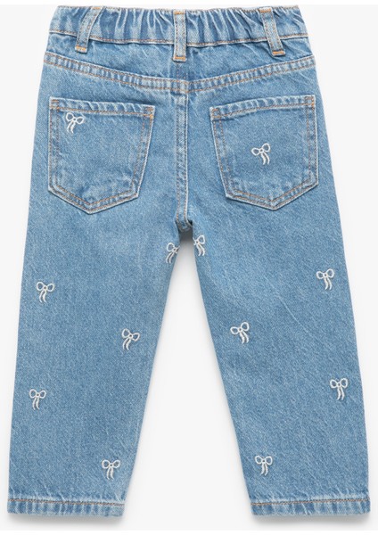 Nakış Detaylı Cepli Pamuklu Denim Pantolon