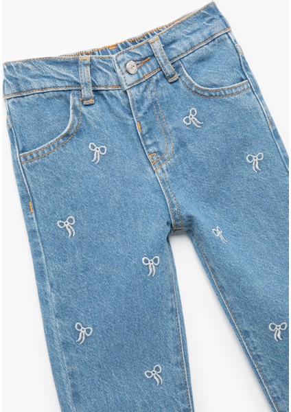 Nakış Detaylı Cepli Pamuklu Denim Pantolon