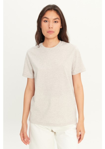 Erkek Bej Melanj Pamuklu Slim Fit Dar Kesim Bisiklet Yaka Tişört