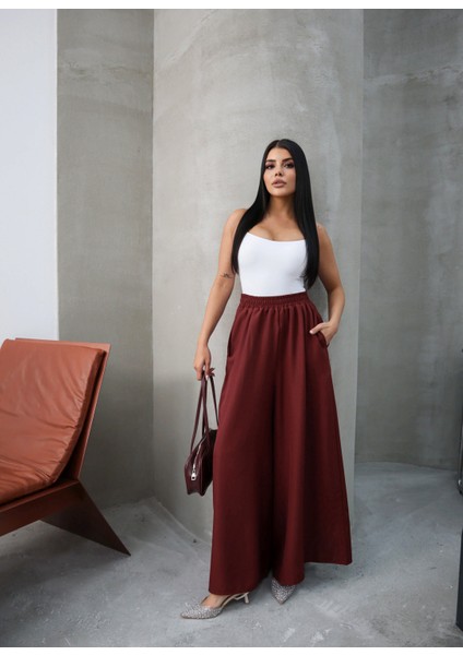 Filamlı Keten Etekli Pantolon 8826 Bordo