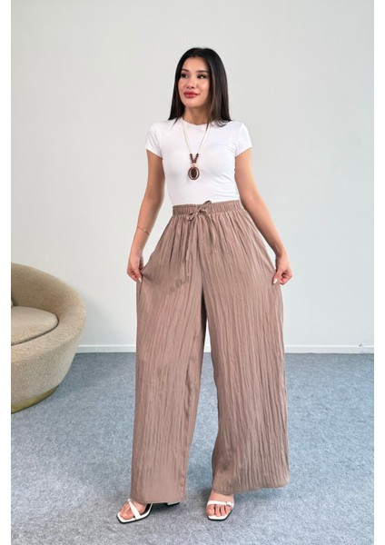 Kraşlı Beli Lastikli modal Geniş Paça Palazzo Pantolon 8846 - Vizon fiyatları