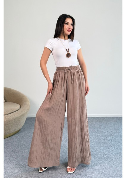 Kraşlı Beli Lastikli modal Geniş Paça Palazzo Pantolon 8846 - Vizon modelleri