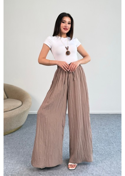 Kraşlı Beli Lastikli modal Geniş Paça Palazzo Pantolon 8846 - Vizon fırsatları