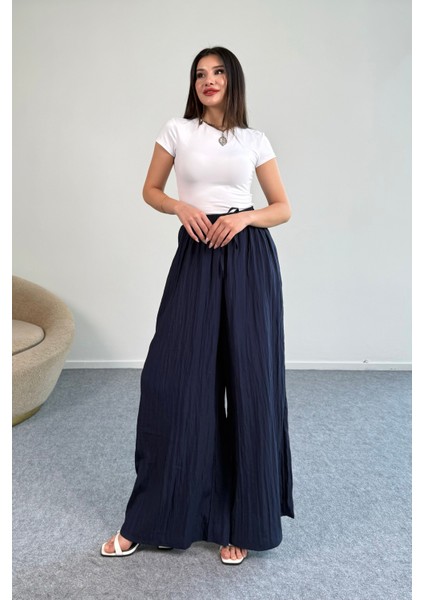 Kraşlı Beli Lastikli modal Geniş Paça Palazzo Pantolon 8846 - Lacivert modelleri