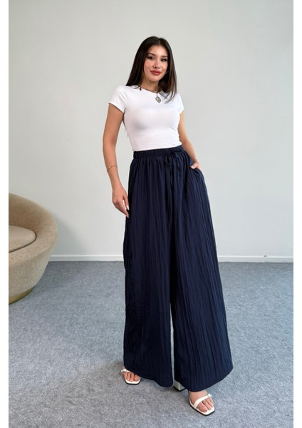 Kraşlı Beli Lastikli modal Geniş Paça Palazzo Pantolon 8846 - Lacivert