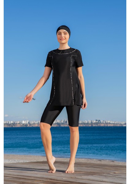 Kadın Kısa Kol Taytlı Biyeli Siyah Mayo C5T2N4O2-2