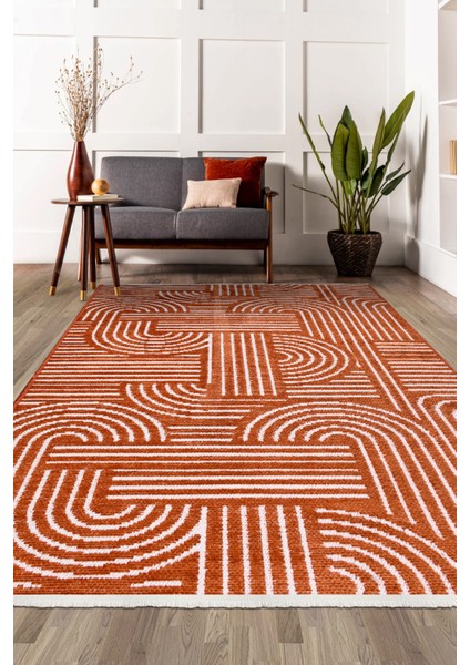 Revna Turuncu / Kiremit Yıkanabilir Halı – Kaydırmaz Taban, Pamuk Dokuma, Salon Mutfak Koridor Için Uygun