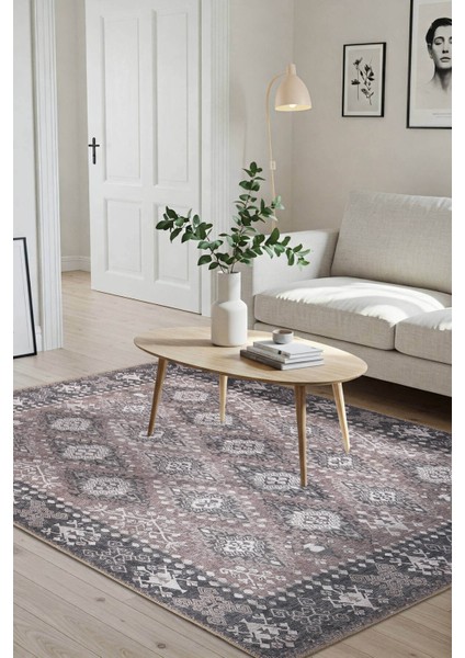 Stonart Eskitme Vintage Desenli Kahverengi Otantik Yıkanabilir Şönil Halı Al 464