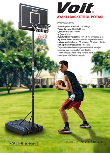 002E Ayaklı Basketbol Potası Yüksekliği Ayarlanabilir, Tekerlekli Taşınabilir