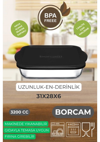 Siyah Silikon Kapaklı Borcam Seti - 1950 cc ve 3200 cc Isıya Dayanıklı Fırın ve Saklama Kabı