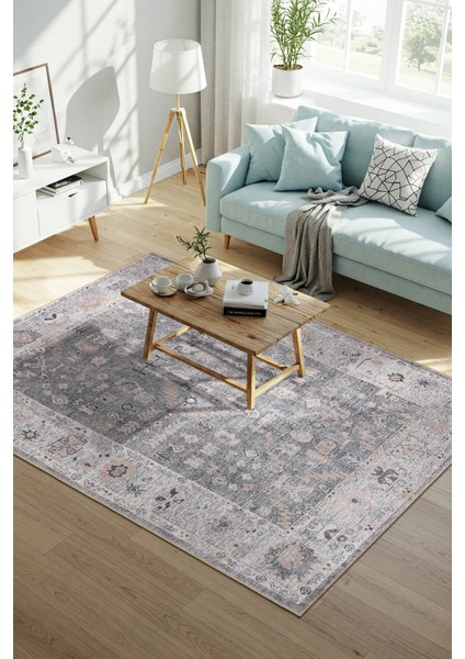 Stonart Eskitme Vintage Desenli Gri Otantik Yıkanabilir Şönil Halı Al 467