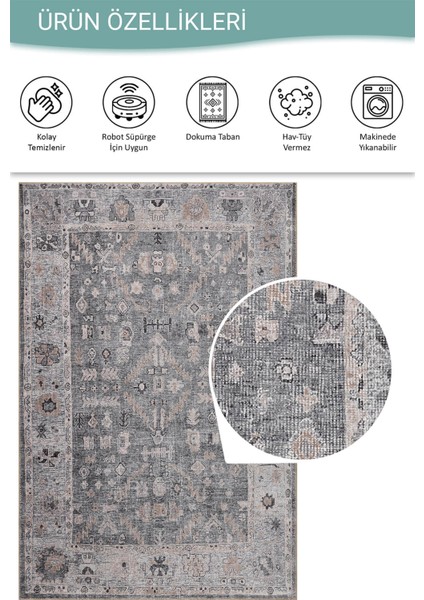 Stonart Eskitme Vintage Desenli Gri Otantik Yıkanabilir Şönil Halı Al 467 fırsatları