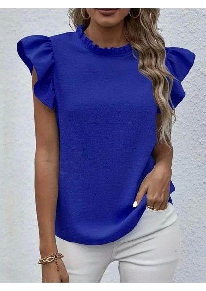 Kadın Kısa Kollu Fırfır Yakalı Bürümcük Bluz