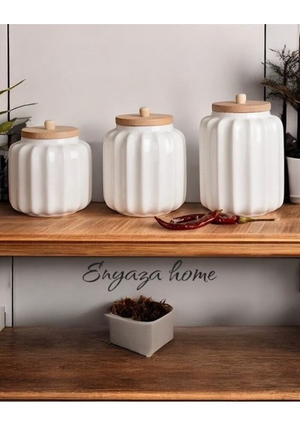 3’lü Bambu Kapaklı Porselen Çay, Şeker,tuz,kahve Kavanozu Saklama Kabı