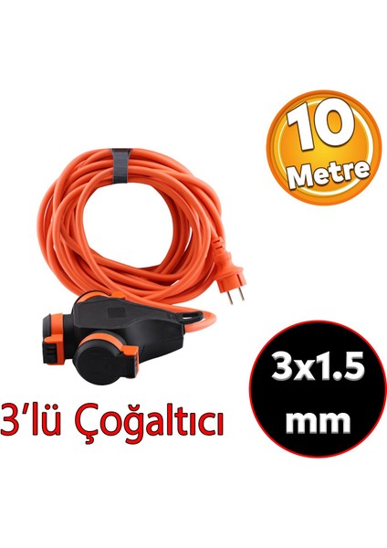 Monofaze Çoğaltıcı Seyyar Topraklı 3'lü Grup Priz Fiş 10 Metre Cca Kablo Uzatma Kablosu 3x1.5 mm