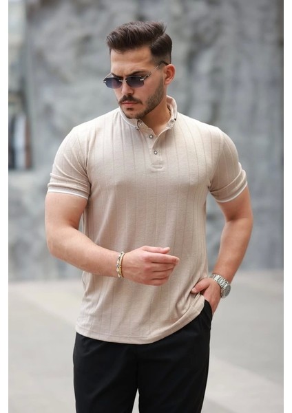 Erkek Düğme Yakalı Jakar Kumaş Kısa Kollu Tişört