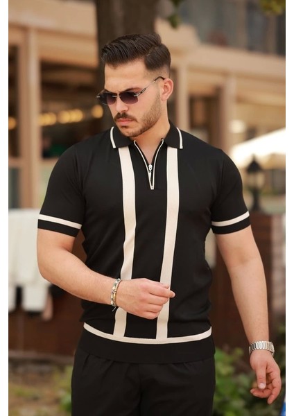 Erkek Fermuar Yakalı Şerit Detaylı Kısa Kollu Tişört