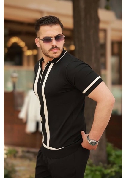 Erkek Fermuar Yakalı Şerit Detaylı Kısa Kollu Tişört fiyatları
