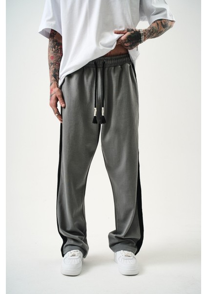 Erkek Tek Şerit Detaylı Interlok Baggy Eşofman Altı Füme