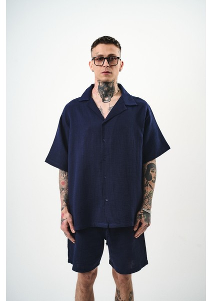 Erkek Kısa Kol Oversize Müslin Gömlek Lacivert