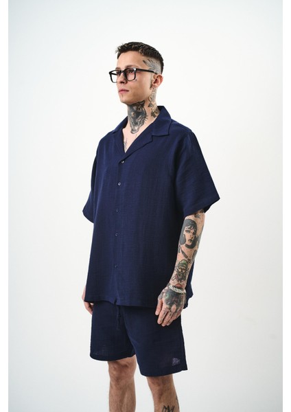 Erkek Kısa Kol Oversize Müslin Gömlek Lacivert fiyatları