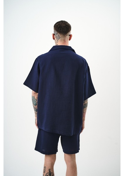 Erkek Kısa Kol Oversize Müslin Gömlek Lacivert modelleri