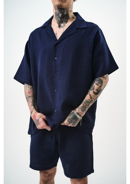 Erkek Kısa Kol Oversize Müslin Gömlek Lacivert fırsatları