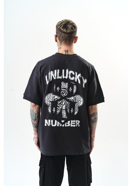 Erkek Unlucky Baskılı Oversize T-Shirt Füme