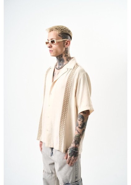 Erkek Nakışlı Oversize Keten Gömlek Bej
