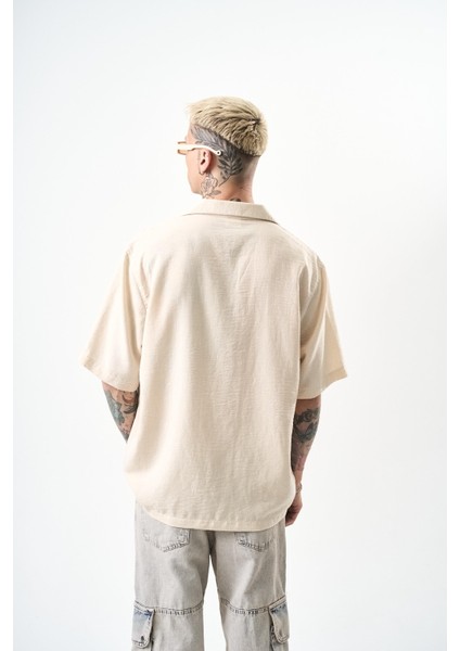 Erkek Nakışlı Oversize Keten Gömlek Bej