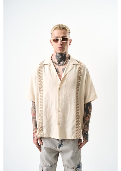 Erkek Nakışlı Oversize Keten Gömlek Bej
