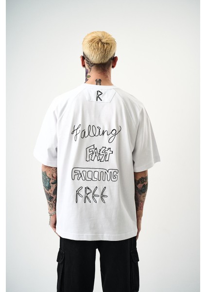 Erkek Fast Nakışlı Oversize T-Shirt Beyaz