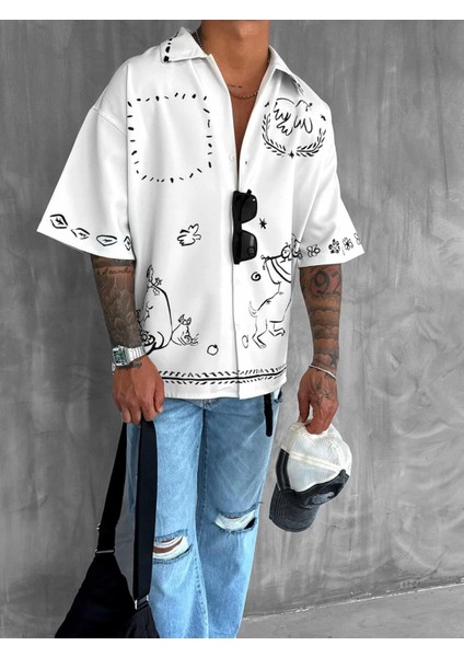 Erkek Desenli Süper Oversize Gömlek Ekru