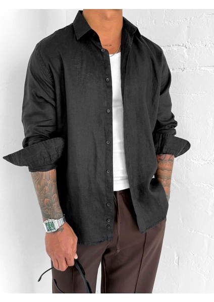 Erkek Uzun Kollu Regular Fit %100 Keten Gömlek Siyah