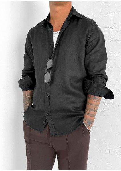 Erkek Uzun Kollu Regular Fit %100 Keten Gömlek Siyah fiyatları
