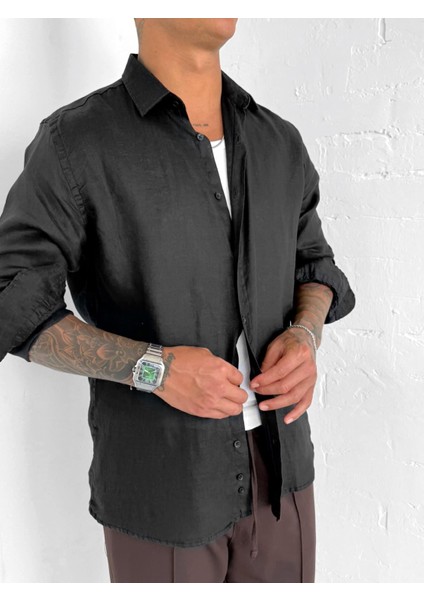 Erkek Uzun Kollu Regular Fit %100 Keten Gömlek Siyah modelleri
