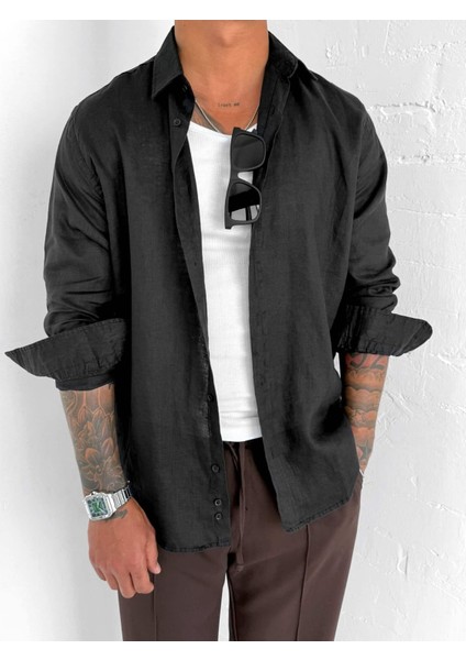 Erkek Uzun Kollu Regular Fit %100 Keten Gömlek Siyah fırsatları