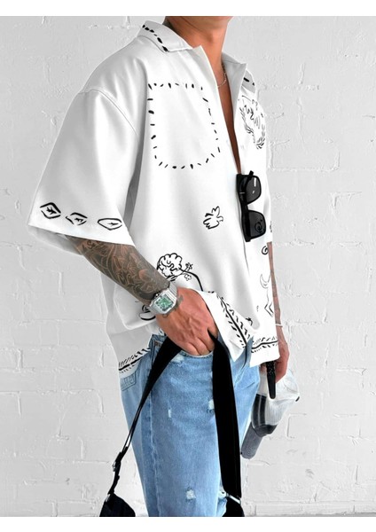 Erkek Desenli Süper Oversize Gömlek Ekru modelleri