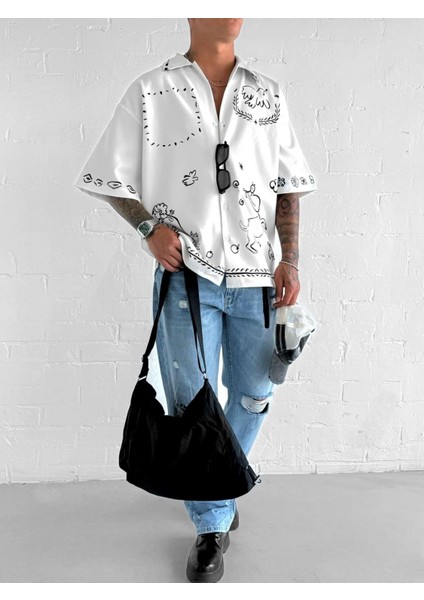 Erkek Desenli Süper Oversize Gömlek Ekru fırsatları