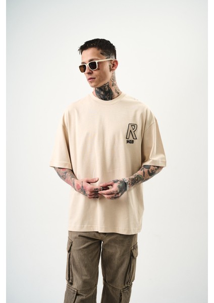 Erkek R Creative Nakışlı Oversize T-Shirt Bej fiyatları