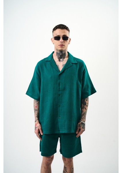 Erkek Kısa Kol Oversize Müslin Gömlek Çağla
