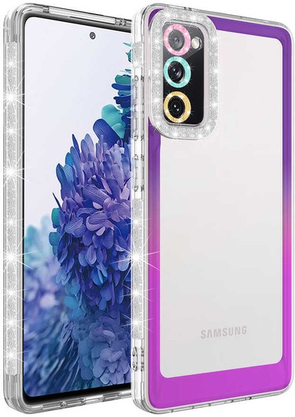 Galaxy S20 Fe Kılıf Simli ve Renk Geçiş Tasarımlı Lens Korumalı Mkst Park Kapak-Mor-Pembe