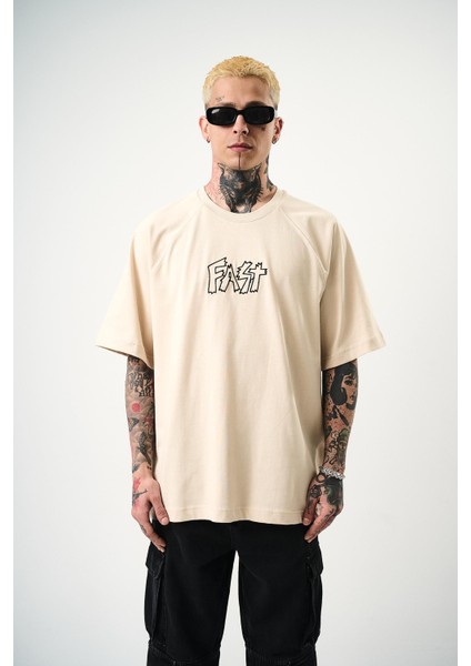 Erkek Fast Nakışlı Oversize T-Shirt Bej fiyatları
