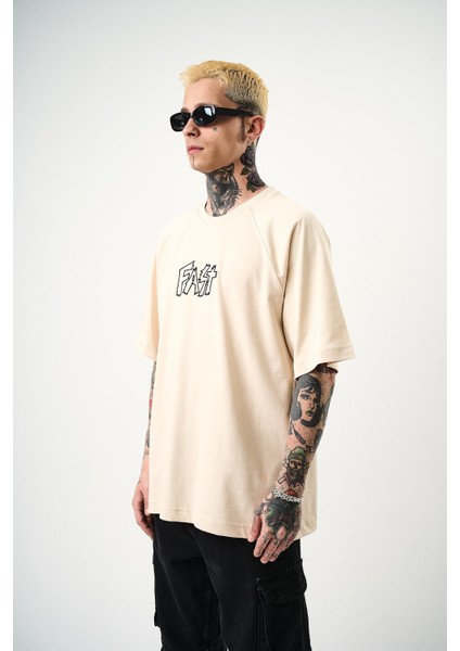 Erkek Fast Nakışlı Oversize T-Shirt Bej modelleri