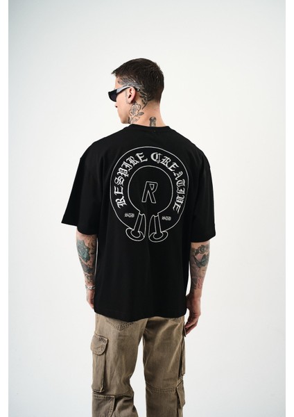Erkek R Creative Nakışlı Oversize T-Shirt Siyah