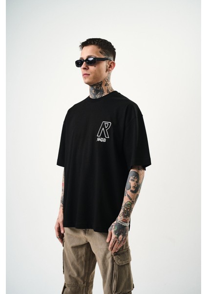 Erkek R Creative Nakışlı Oversize T-Shirt Siyah modelleri