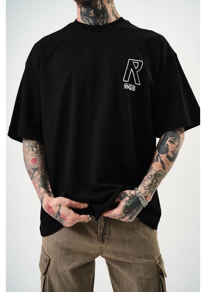 Erkek R Creative Nakışlı Oversize T-Shirt Siyah indirimleri