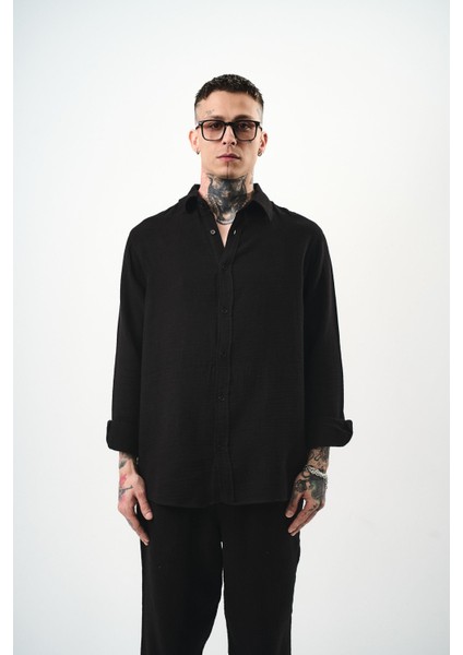 Erkek Uzun Kol Oversize Müslin Gömlek Siyah