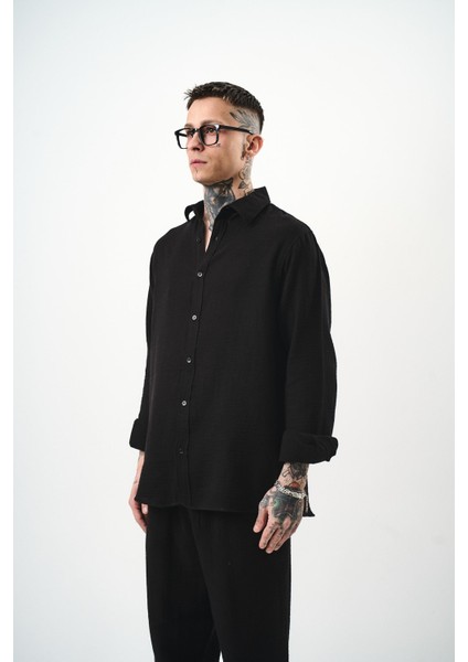 Erkek Uzun Kol Oversize Müslin Gömlek Siyah fiyatları