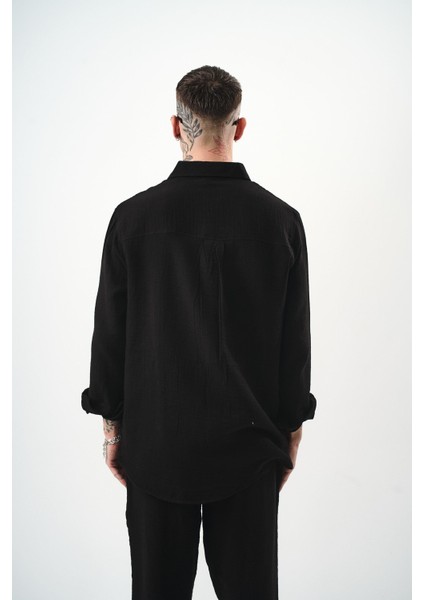 Erkek Uzun Kol Oversize Müslin Gömlek Siyah modelleri